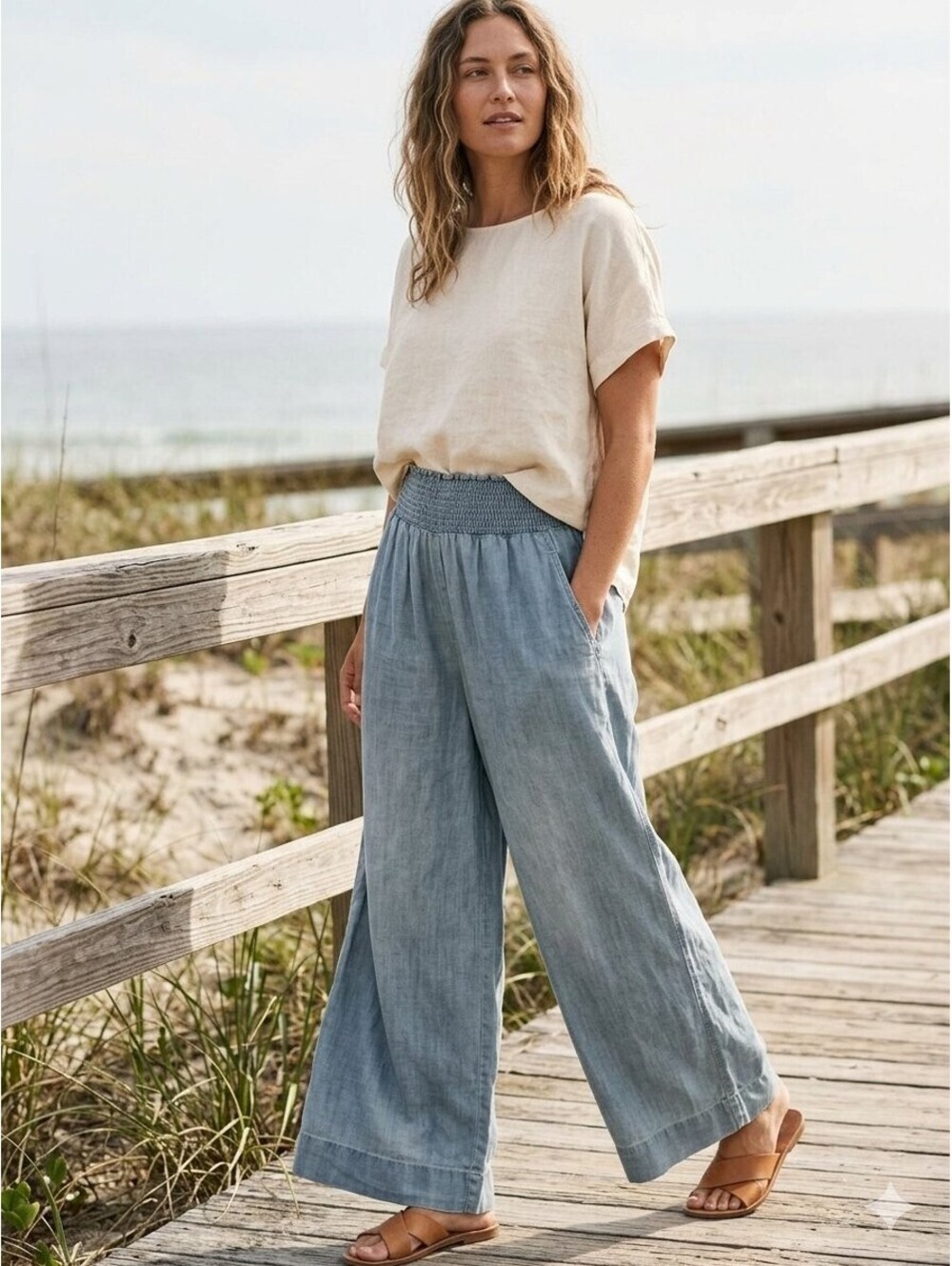Joie Wide Leg Pants Women XL Blue Lyocell Smocked Waist Boho Relaxed Beach
